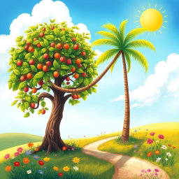 A whimsical and colorful painting of a hazel tree and a palm tree playfully embracing each other in a sunny landscape