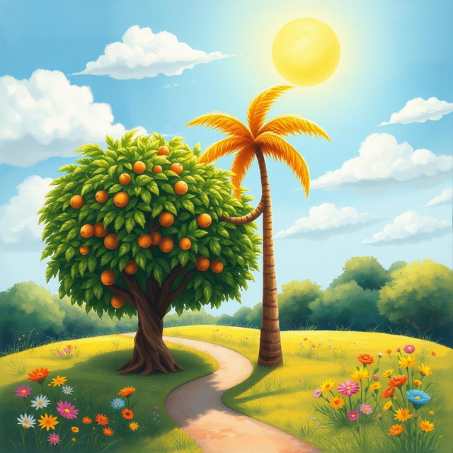 A whimsical and colorful painting of a hazel tree and a palm tree playfully embracing each other in a sunny landscape