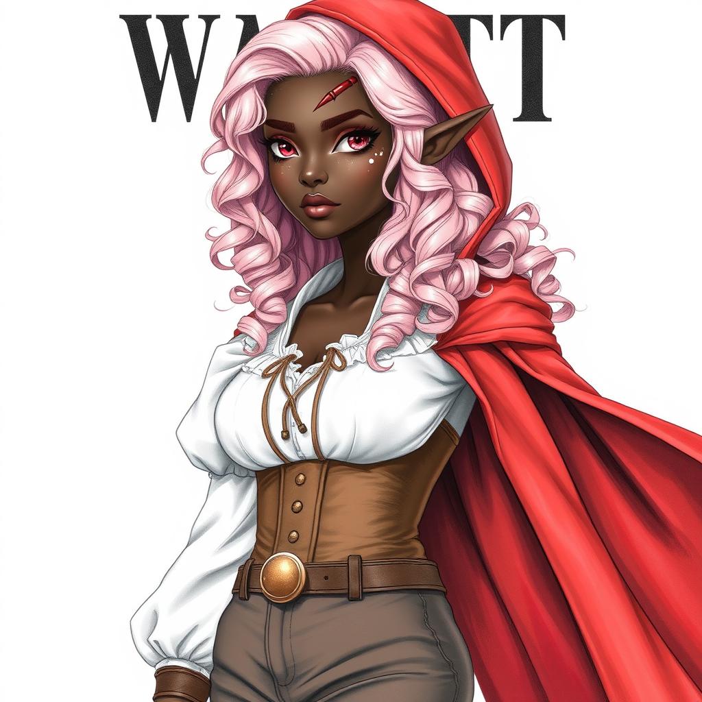 A full-body realistic drawing of a semi-elf woman with very dark brown skin and almond-shaped pink eyes, featuring white freckles and a distinct scar resembling two claw marks on her left eyebrow