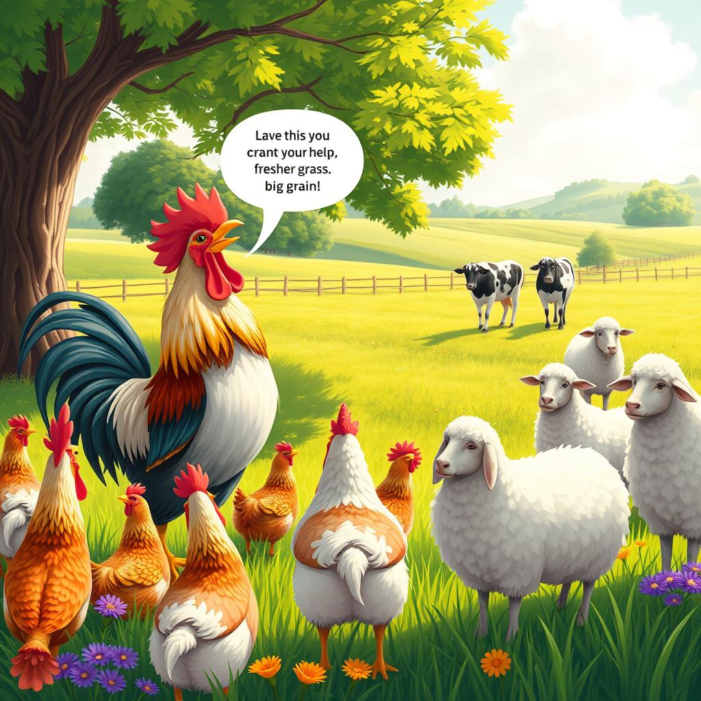 An engaging farm scene illustrating a cheerful rooster singing joyfully to the hens, encouraging them to join him in finding a big grain