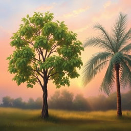 A serene painting of a hazel tree and a palm tree standing side by side in a tranquil landscape
