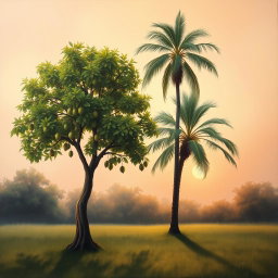 A serene painting of a hazel tree and a palm tree standing side by side in a tranquil landscape