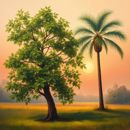A serene painting of a hazel tree and a palm tree standing side by side in a tranquil landscape