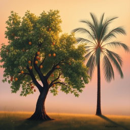 A serene painting of a hazel tree and a palm tree standing side by side in a tranquil landscape