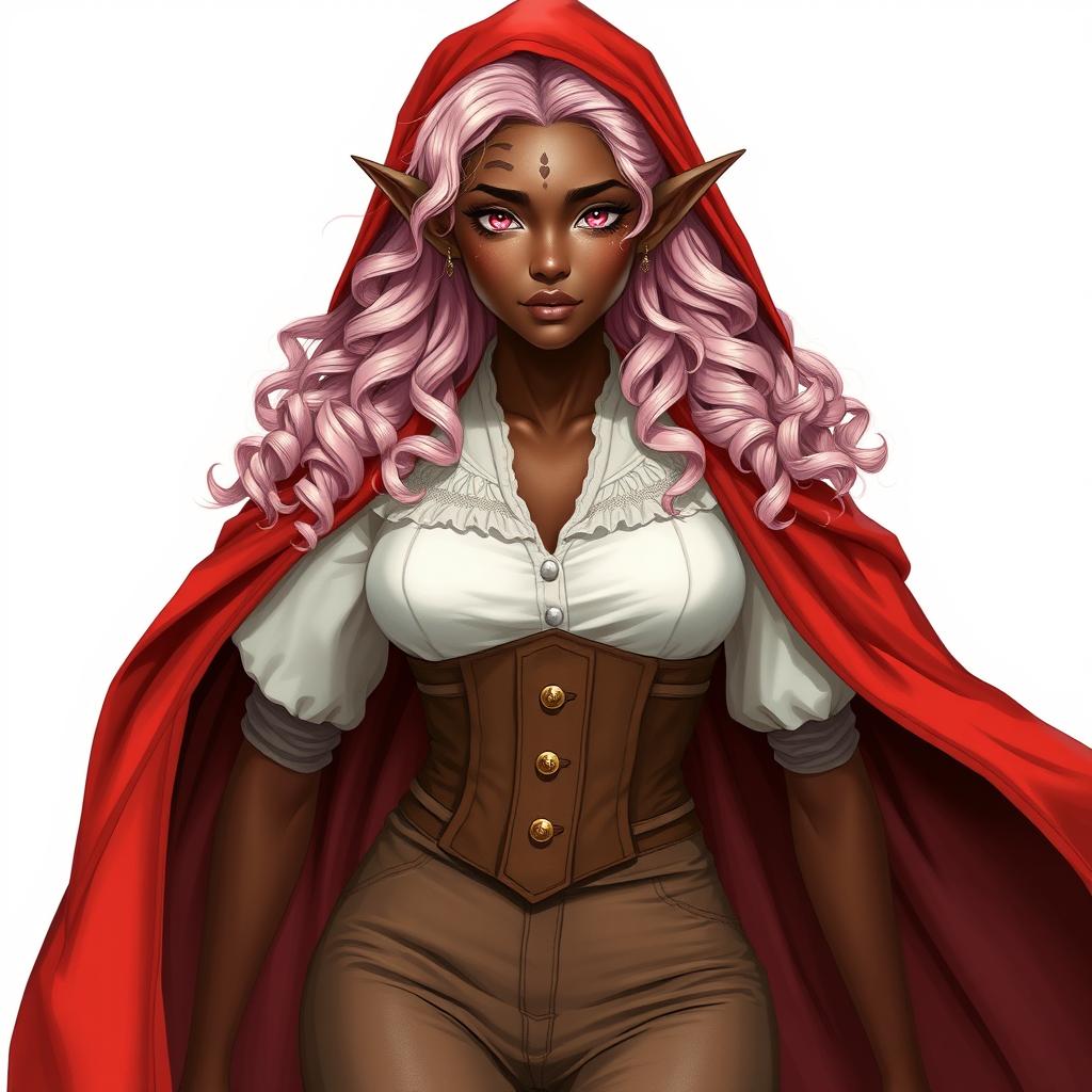 A full-body realistic illustration of a semi-elf woman with very dark brown skin and almond-shaped pink eyes, showcasing white freckles and a distinct scar resembling two claw marks on her left eyebrow