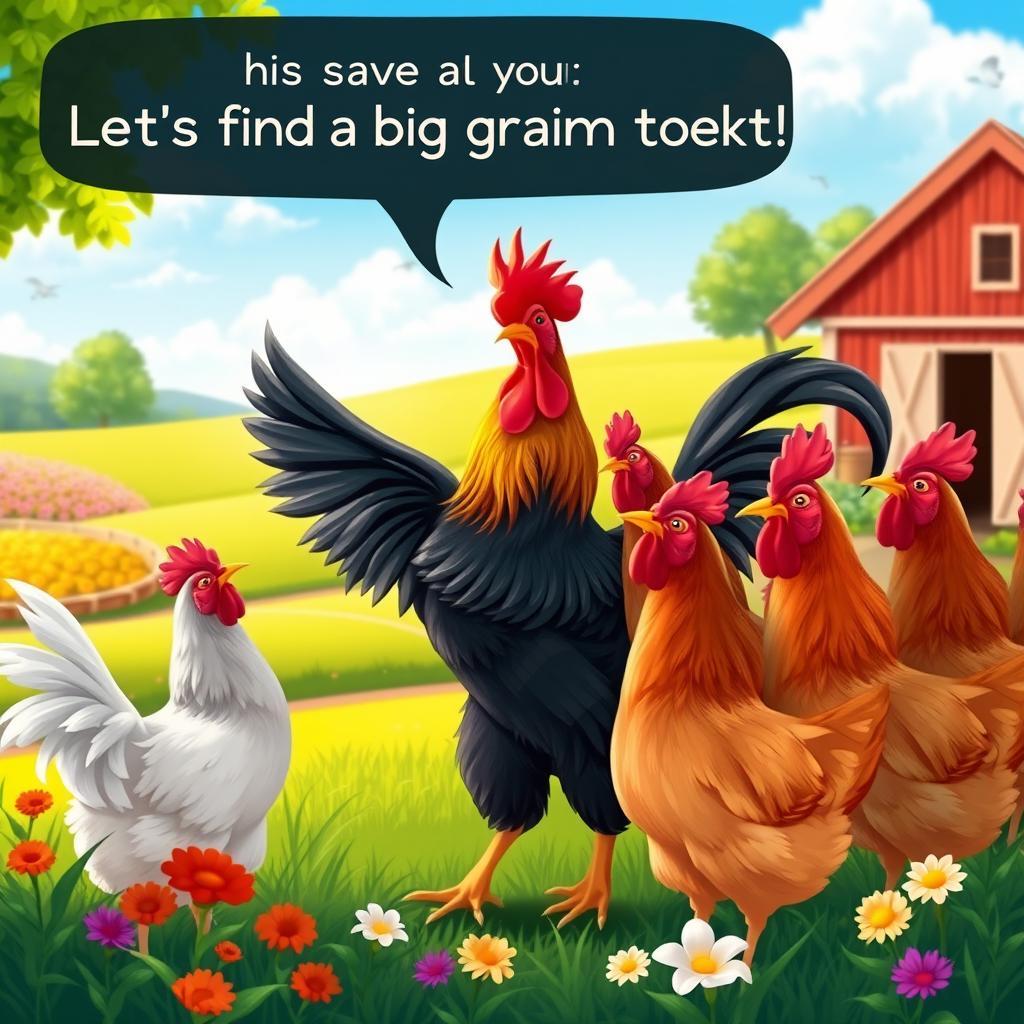 A delightful scene of a rooster singing energetically at dawn, spreading joy in a vibrant farm setting