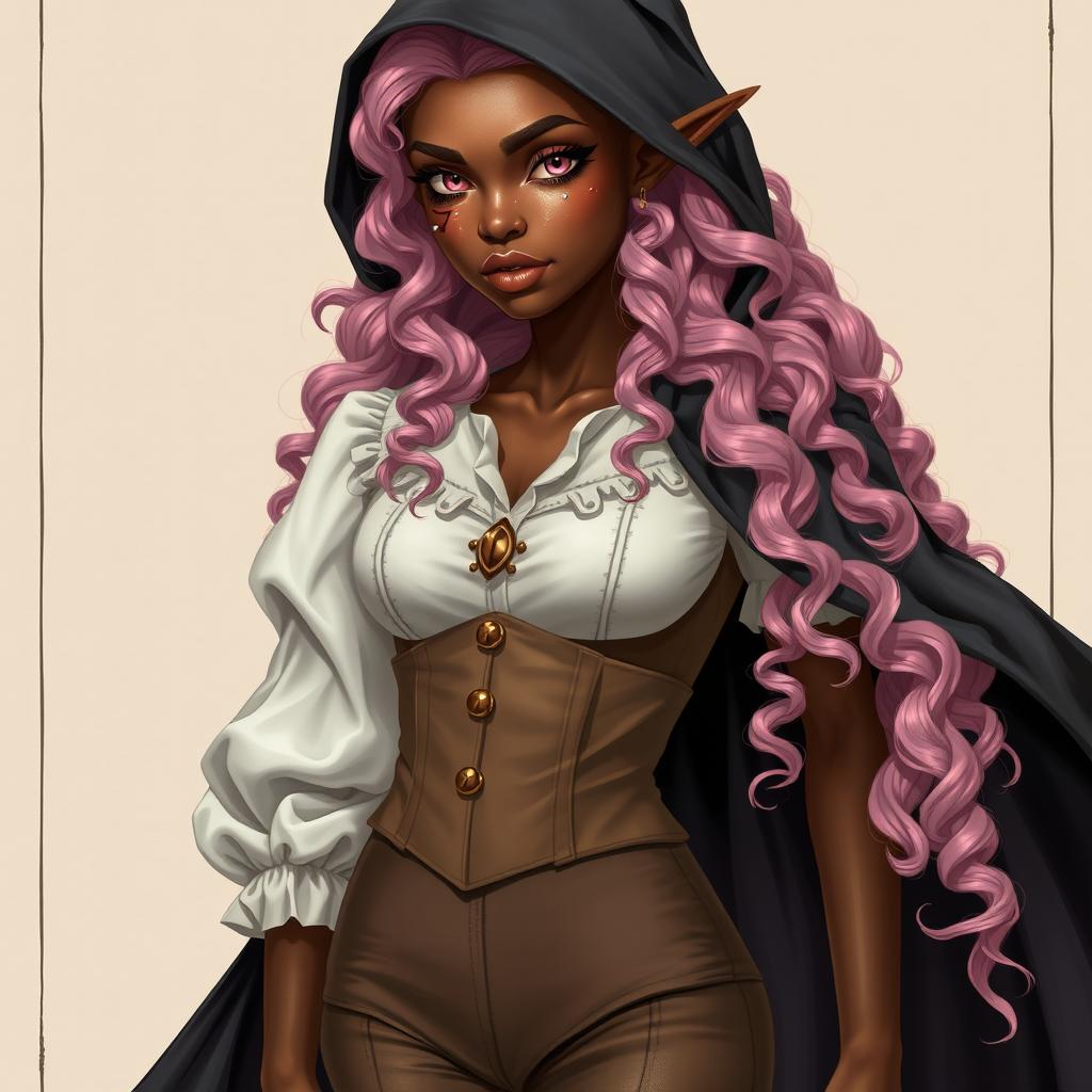 A full-body realistic illustration of a semi-elf woman with very dark brown skin and almond-shaped pink eyes, showcasing white freckles and a distinct scar resembling two claw marks on her left eyebrow