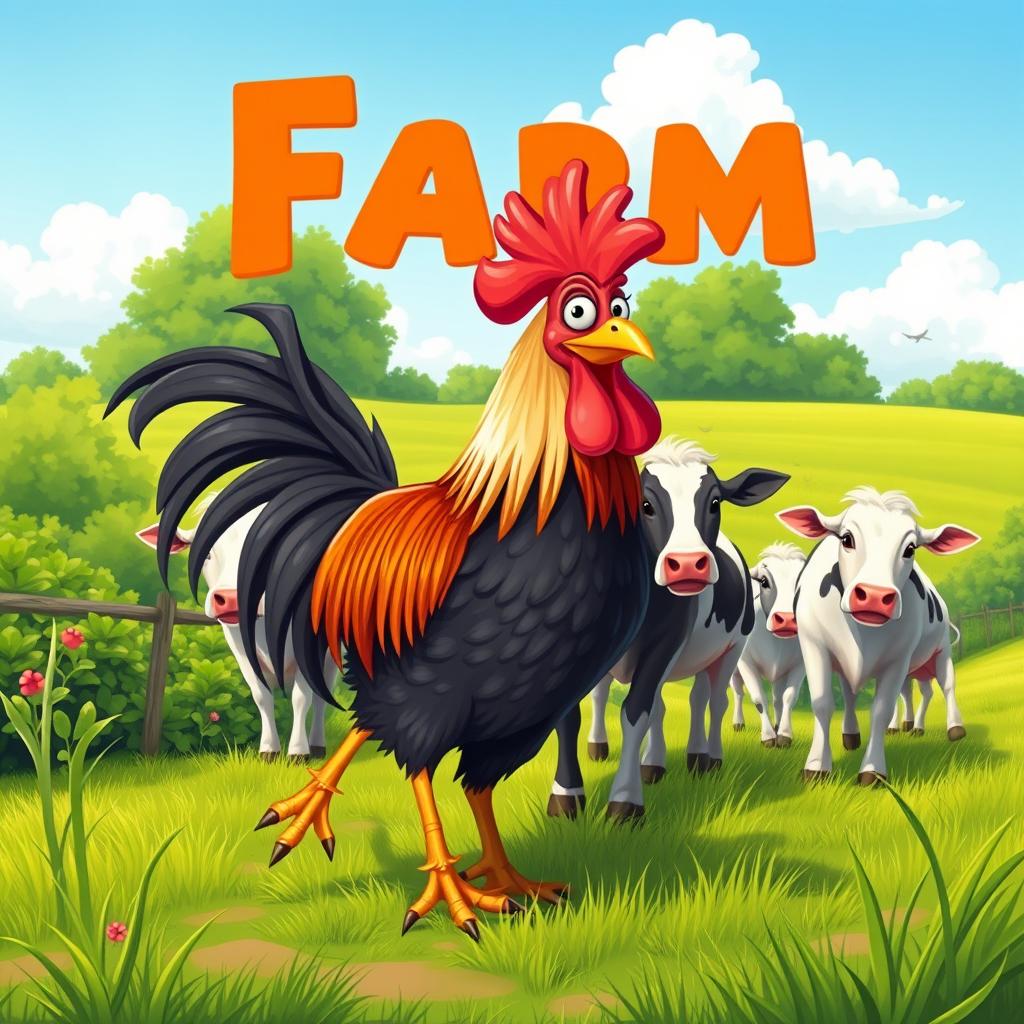 A lively farm scene showing a rooster leading a group of curious cows across a green field in search of fresh grass
