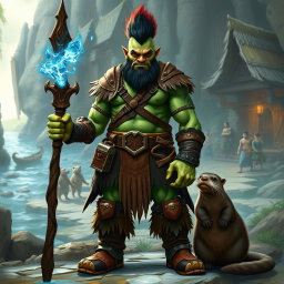 A full body portrait of a male half-orc shaman, showcasing his vibrant green skin and outfitted in rugged leather armor