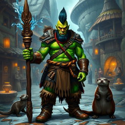 A full body portrait of a male half-orc shaman, showcasing his vibrant green skin and outfitted in rugged leather armor