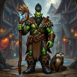 A full body portrait of a male half-orc shaman, showcasing his vibrant green skin and outfitted in rugged leather armor