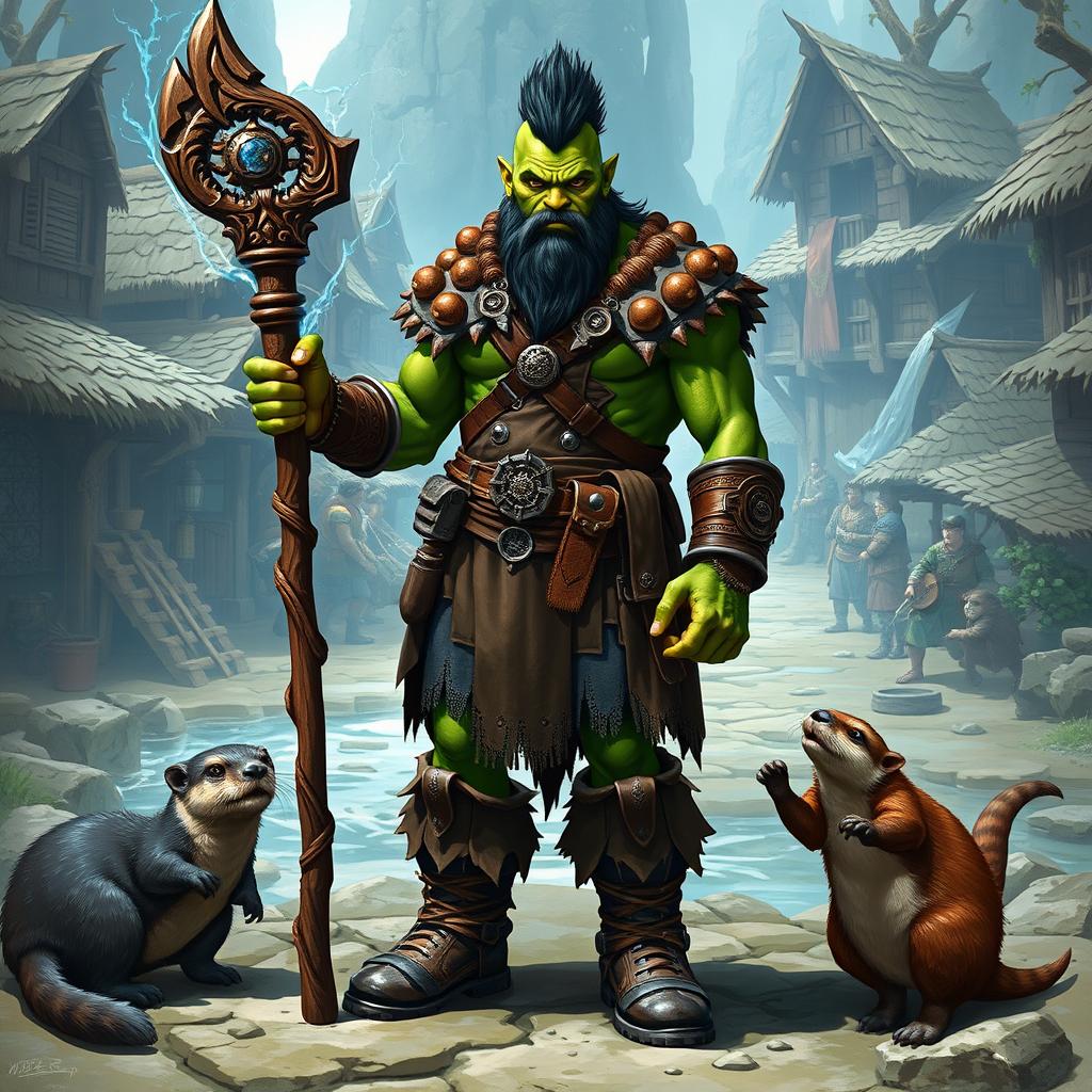 A full body portrait of a male half-orc shaman, showcasing his vibrant green skin and outfitted in rugged leather armor