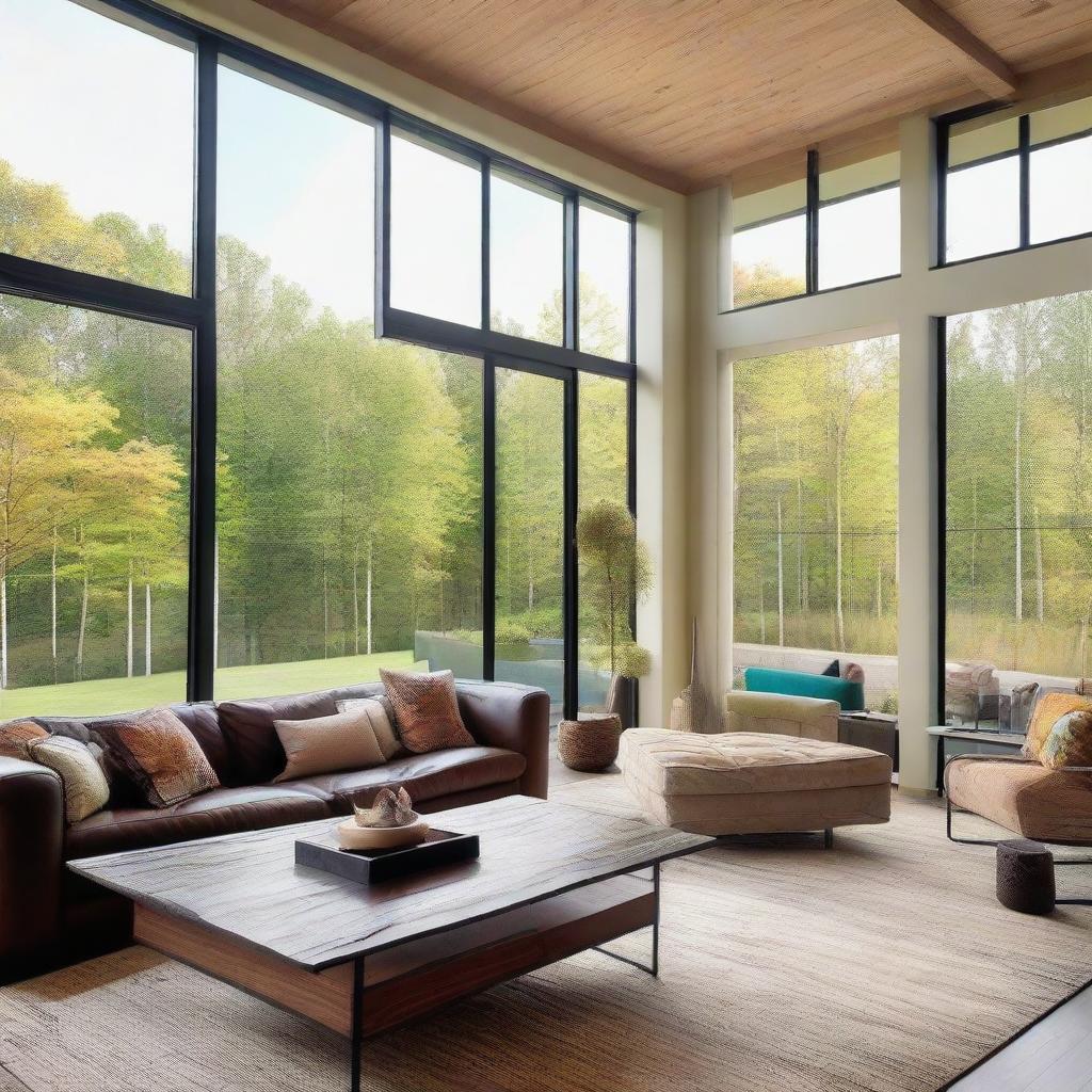 Design a contemporary, spacious living room with large windows allowing for an abundance of natural light. The decor should include a large comfortable sofa, a modern coffee table, and vibrant artwork on the walls.