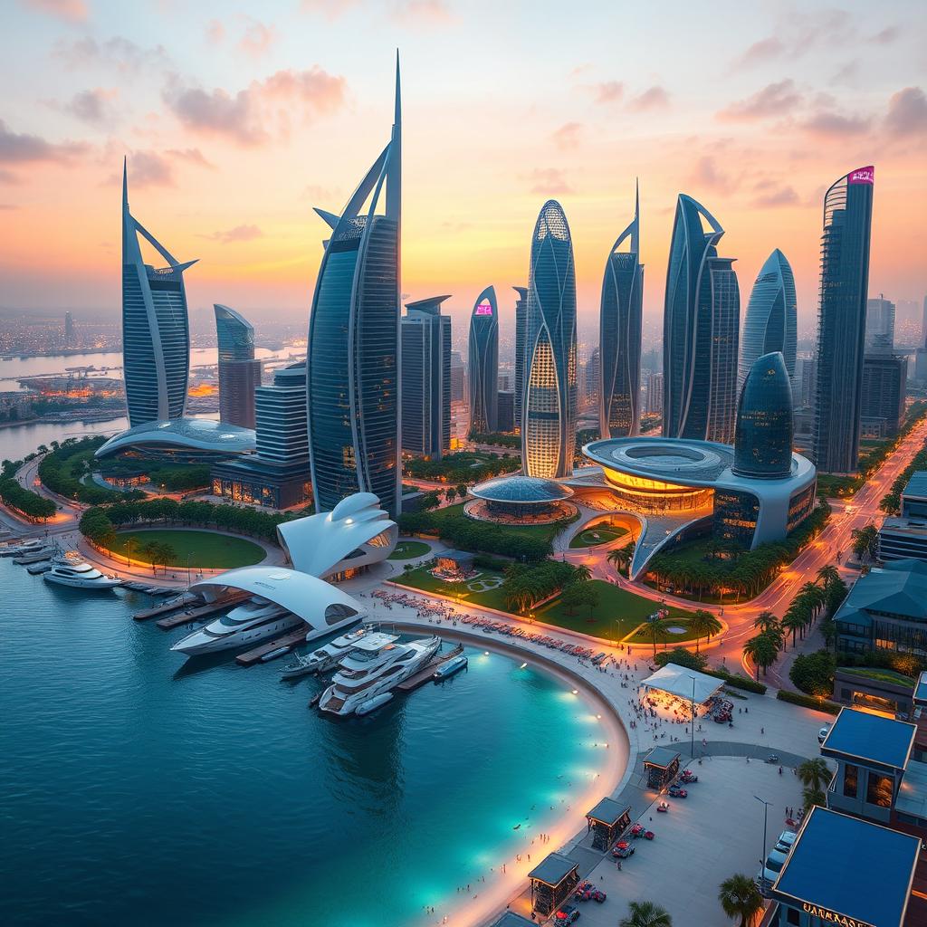 A stunning visual representation of a futuristic and advanced version of Bandar Abbas, resembling the sleek designs of Dubai, Japan, and Singapore