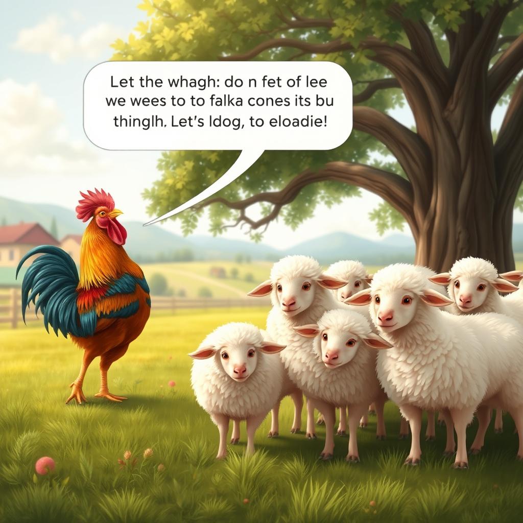 A warm and inviting scene of a rooster speaking to a group of fluffy sheep, cheerfully inviting them to return to the shade of a large tree to relax