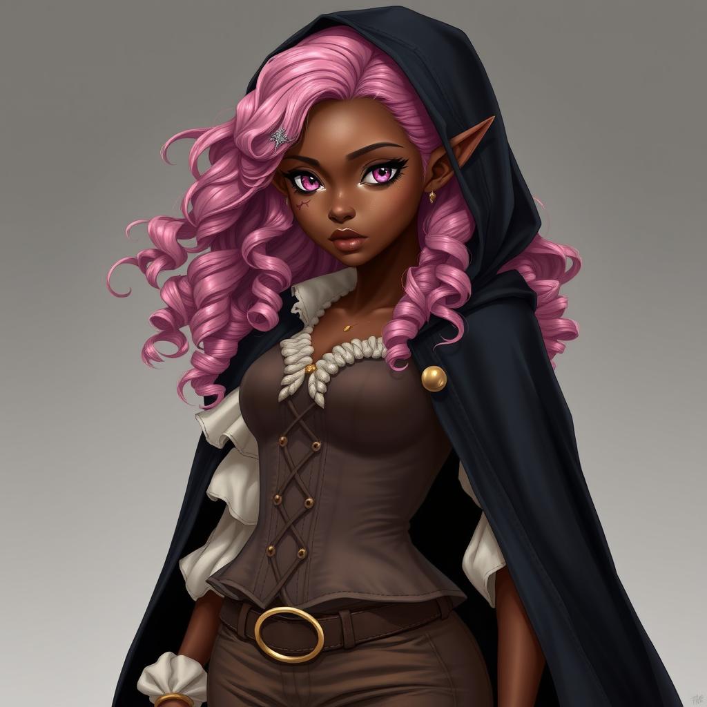 A full-body realistic illustration of a semi-elf woman with very dark brown skin and almond-shaped pink eyes, featuring white freckles and a distinctive scar resembling two claw marks on her left eyebrow