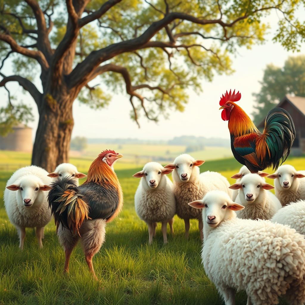 A warm and inviting scene of a rooster approaching a group of fluffy sheep, encouraging them to return to the cool shade of a large tree to relax