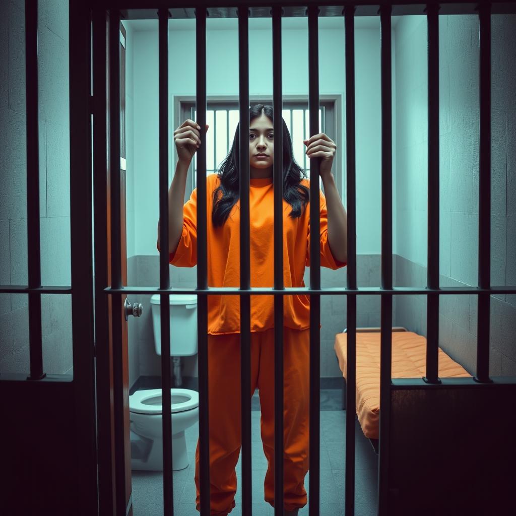 A realistic photograph of a prison cell featuring a barred door with thick, frequent bars