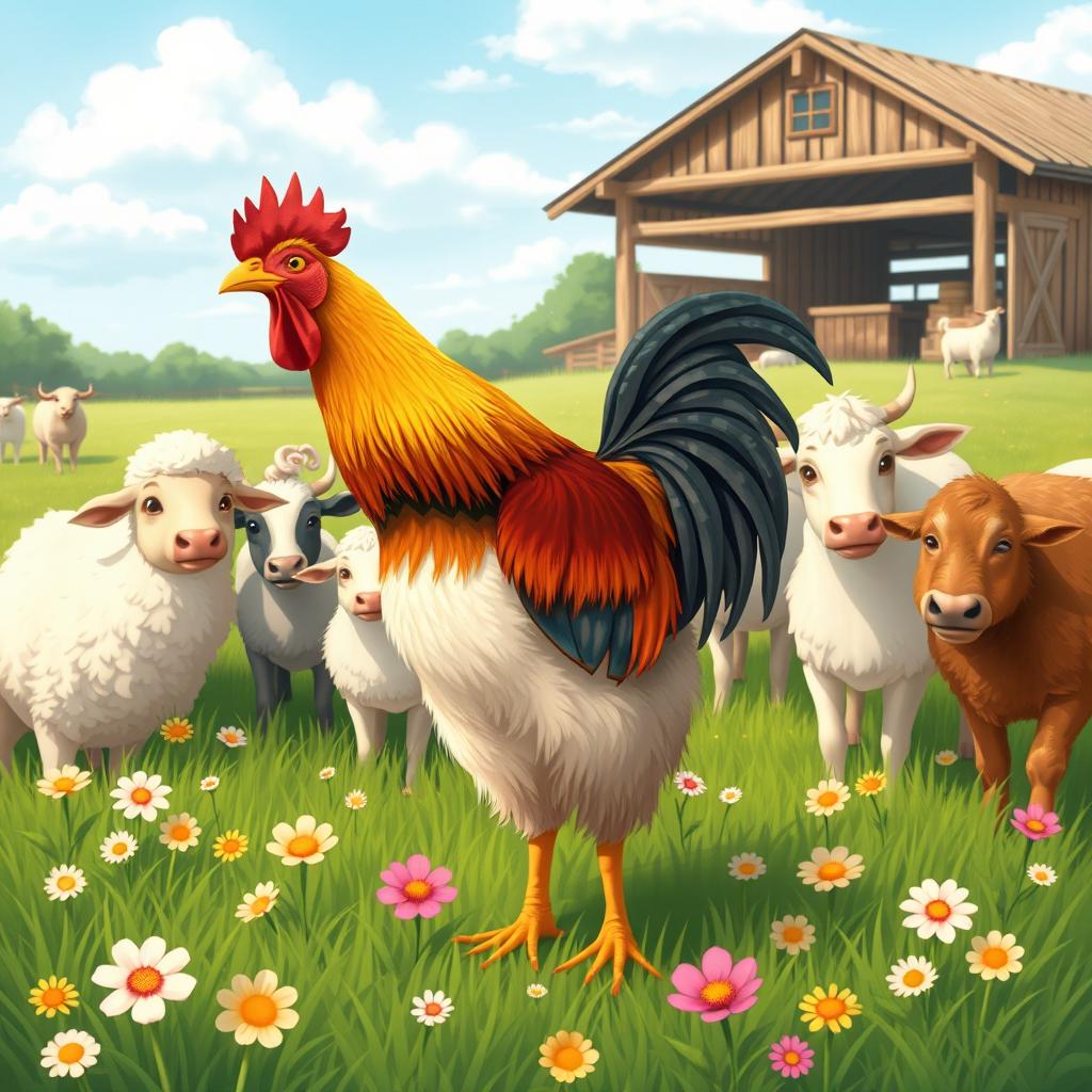 A heartwarming scene on a farm where various animals, including a rooster, sheep, and cows, gather in a lush green field