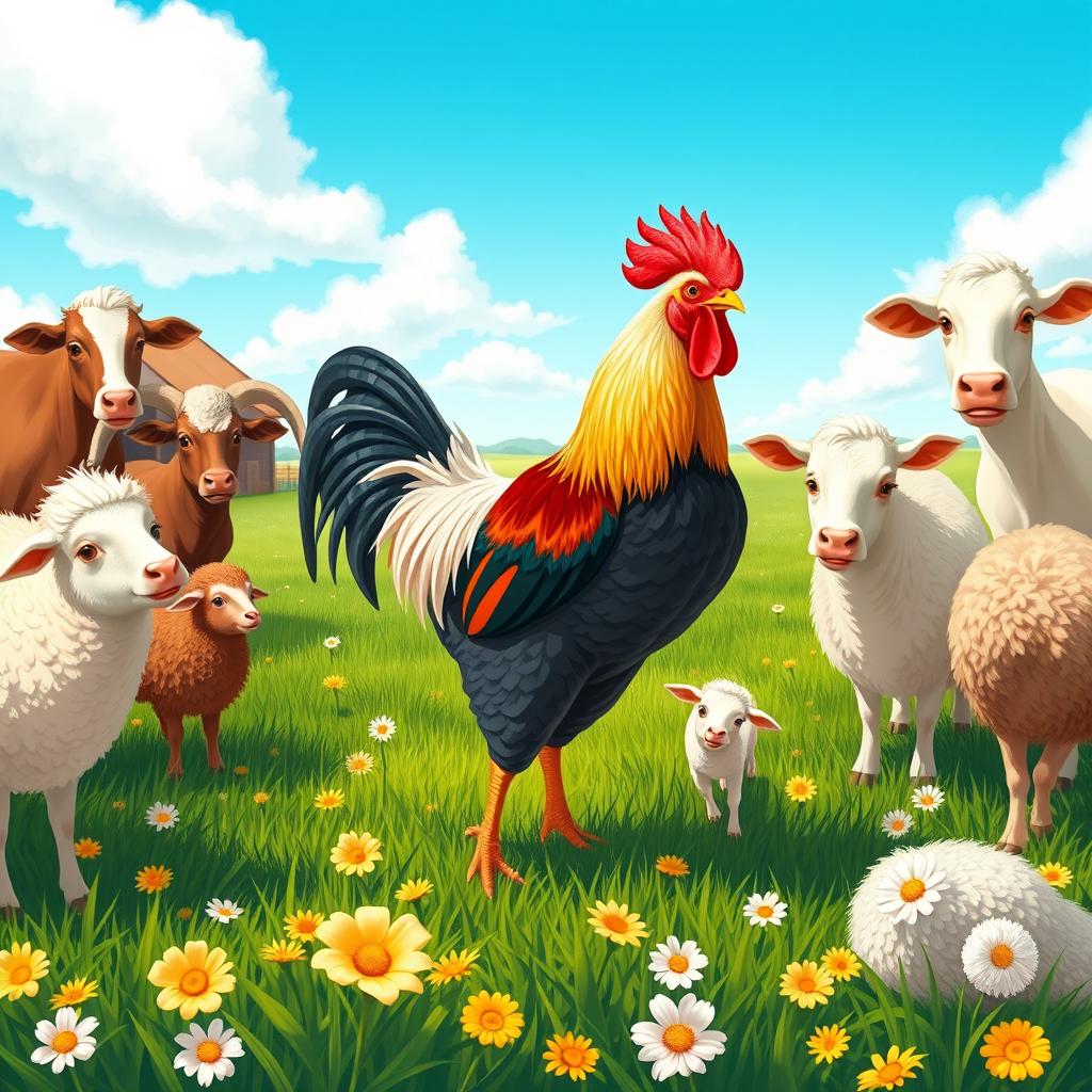 Charming Farmyard Gathering: Roosters, Sheep & Cows