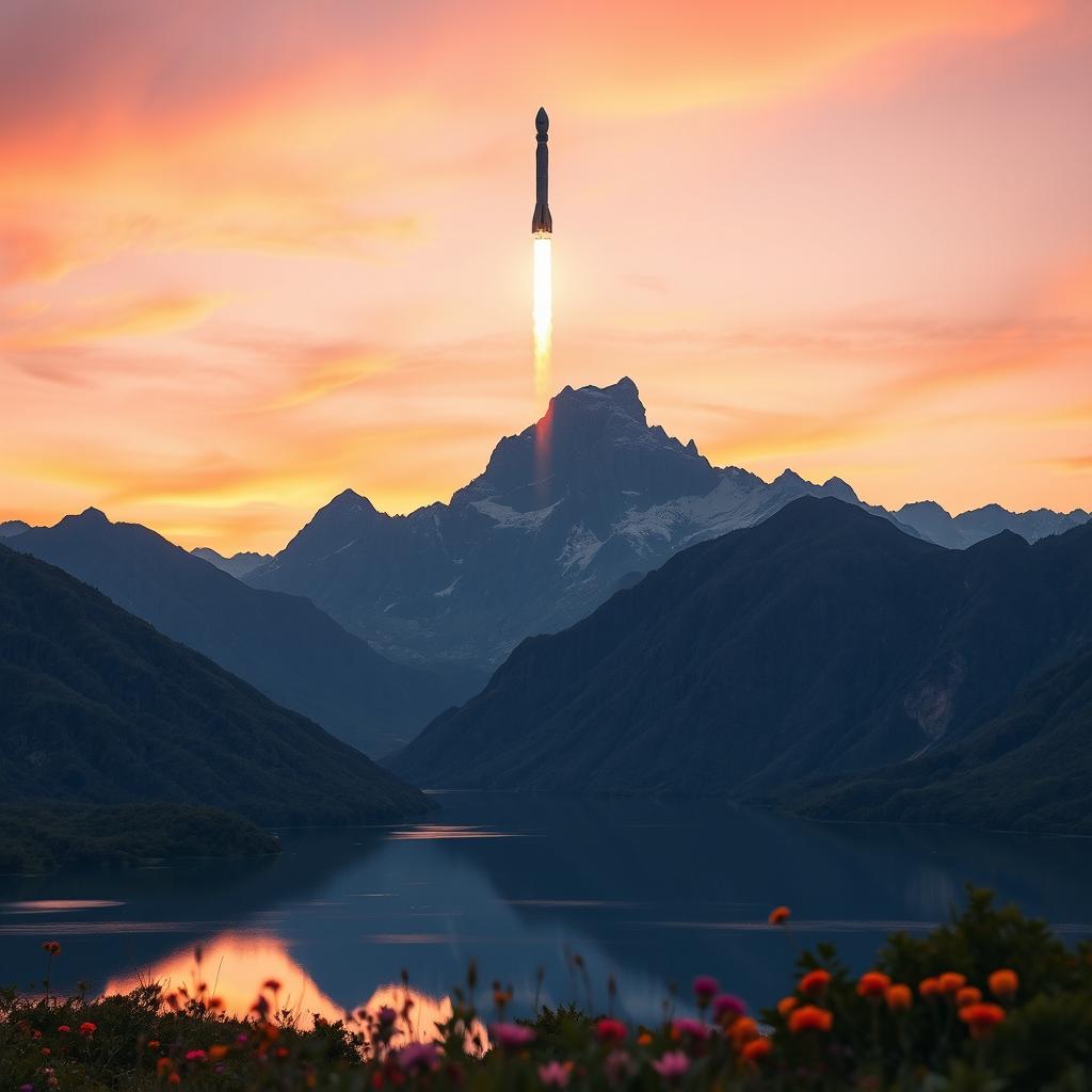A breathtaking landscape photo capturing a rocket launch amidst majestic mountains