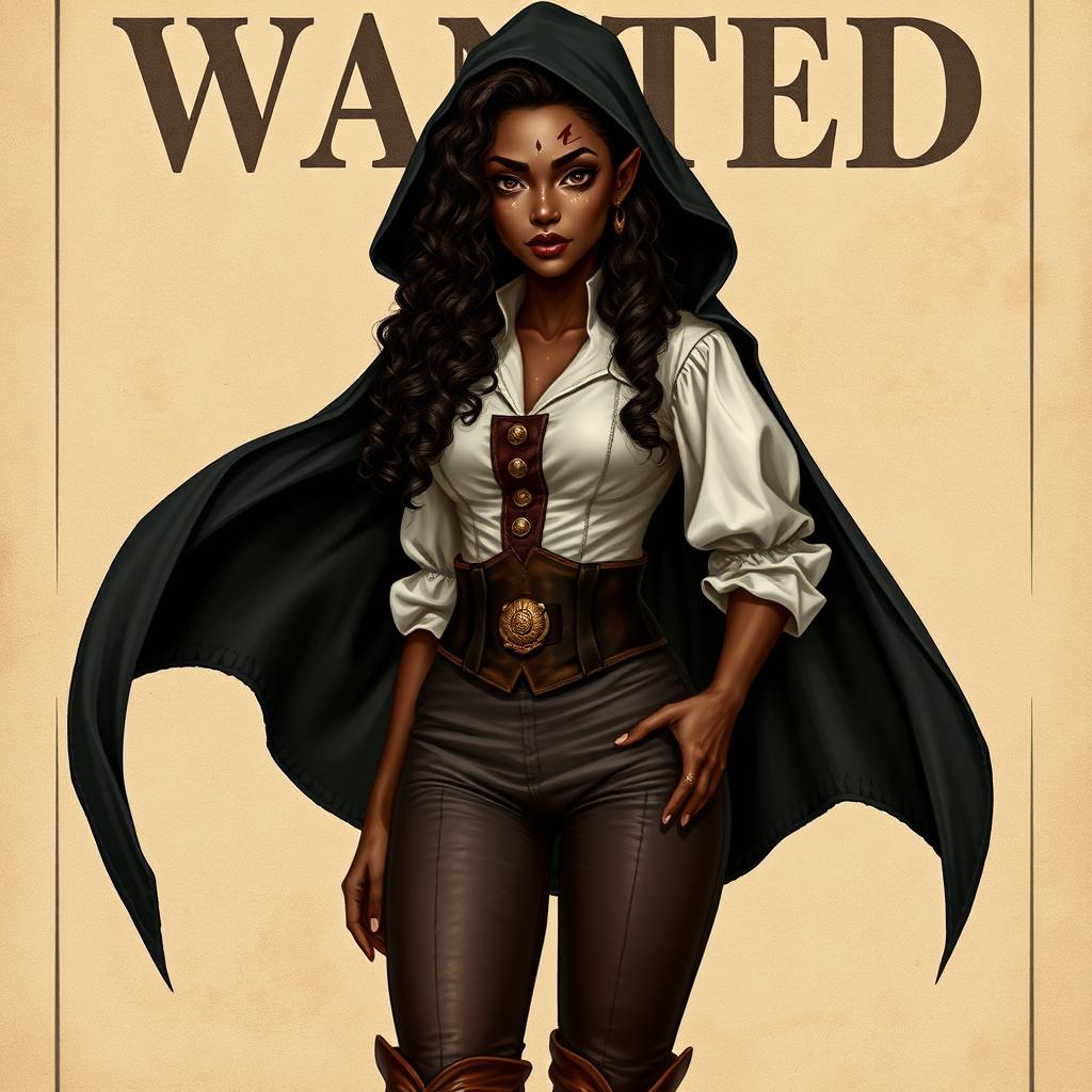 A full-body realistic illustration of a semi-elf woman with very dark skin and almond-shaped eyes, featuring white freckles and a visible scar resembling two claw marks on her left eyebrow