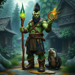 A full-body depiction of a male half-orc druid with green skin and a fierce mohawk hairstyle