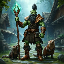 A full-body depiction of a male half-orc druid with green skin and a fierce mohawk hairstyle