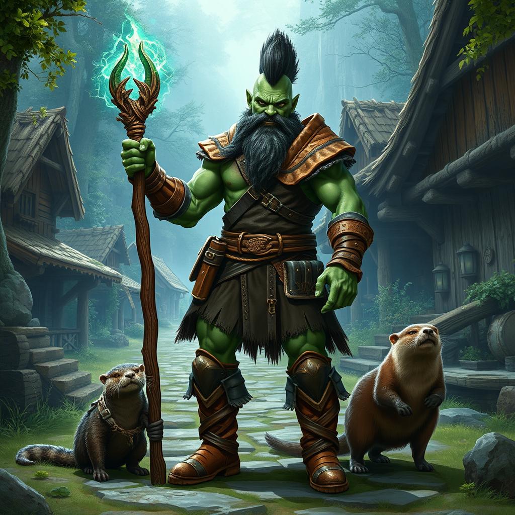 A full-body depiction of a male half-orc druid with green skin and a fierce mohawk hairstyle