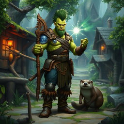 A full-body depiction of a male half-orc druid with green skin and a fierce mohawk hairstyle