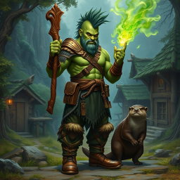 A full-body depiction of a male half-orc druid with green skin and a fierce mohawk hairstyle