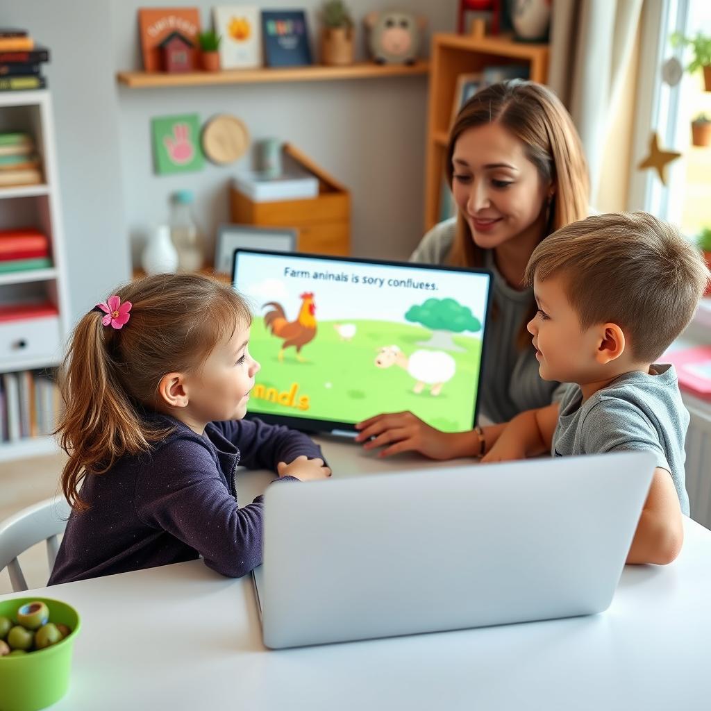 A cozy home setting featuring a girl and boy student sitting together at a table with a laptop on it, participating in a virtual class with their mother nearby, who is guiding them