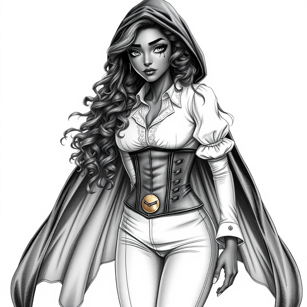 A full-body graphite drawing of a semi-elf woman with very dark skin and almond-shaped eyes, featuring white freckles and a distinctive scar resembling two claw marks on her left eyebrow