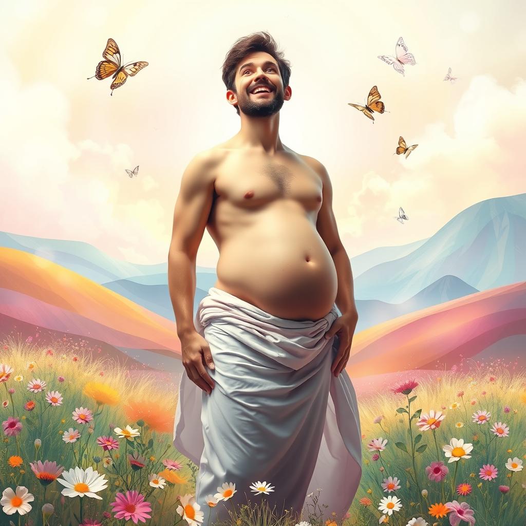 A surreal and imaginative scene depicting a male figure in a colorful, dreamlike environment, with whimsical elements surrounding him
