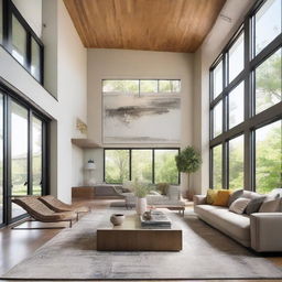 Design a contemporary, spacious living room with large windows allowing for an abundance of natural light. The decor should include a large comfortable sofa, a modern coffee table, and vibrant artwork on the walls.