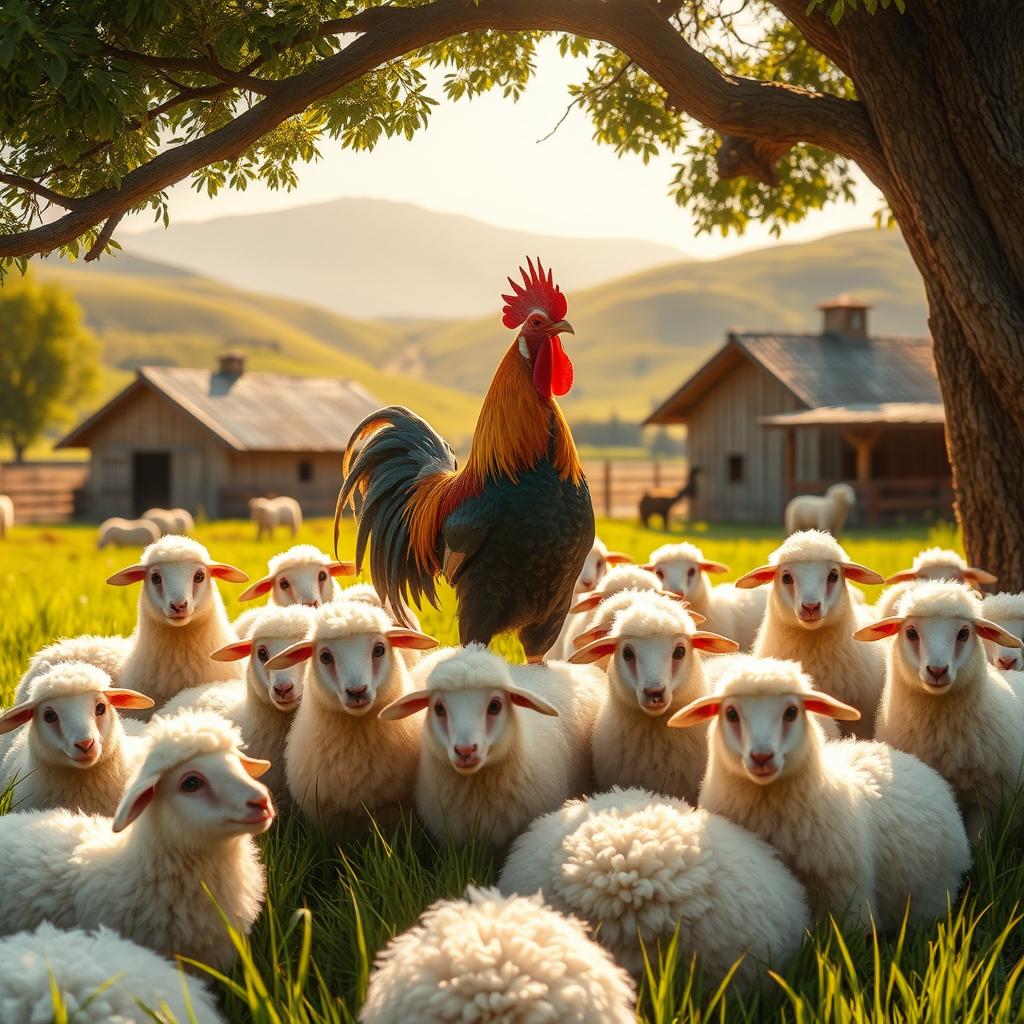 A vibrant scene depicting a bunch of enthusiastic Persian sheep happily gathered around a proud rooster in a lush green farm setting