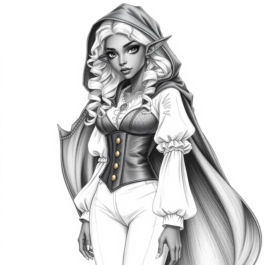 A full-body graphite drawing of a semi-elf woman with very dark skin and almond-shaped eyes, featuring white freckles and a distinctive scar resembling two claw marks on her left eyebrow