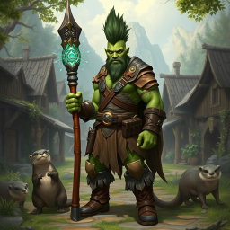 A full-body portrayal of a male half-orc druid with vibrant green skin and a striking mohawk hairstyle