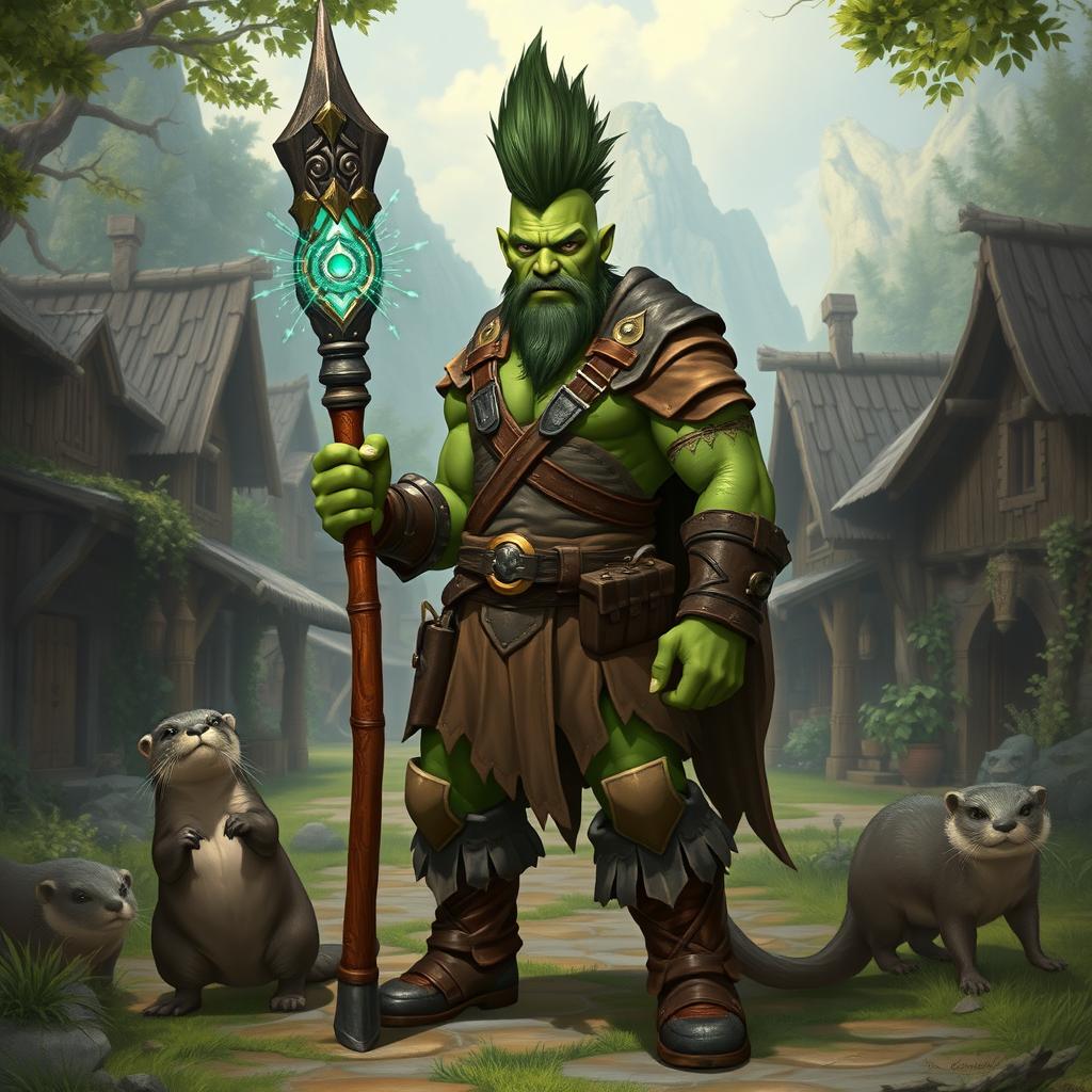 A full-body portrayal of a male half-orc druid with vibrant green skin and a striking mohawk hairstyle
