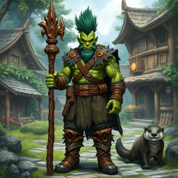 A full-body portrayal of a male half-orc druid with vibrant green skin and a striking mohawk hairstyle