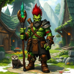 A full-body portrayal of a male half-orc druid with vibrant green skin and a striking mohawk hairstyle
