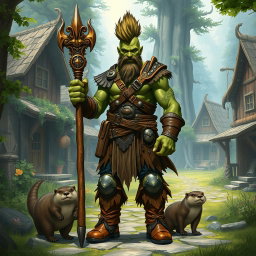 A full-body portrayal of a male half-orc druid with vibrant green skin and a striking mohawk hairstyle
