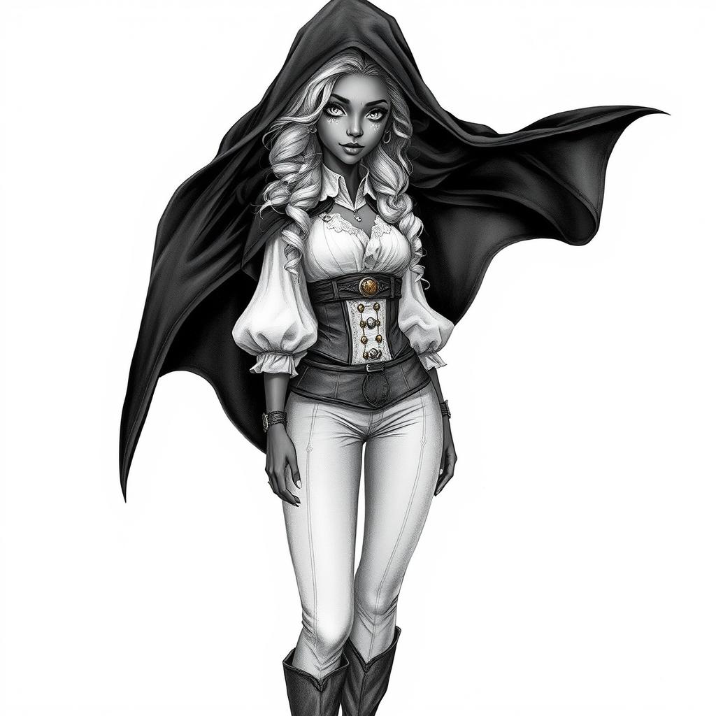 A full-body realistic graphite drawing of a semi-elf woman with very dark skin and almond-shaped eyes, featuring white freckles and a scar resembling two claw marks on her left eyebrow
