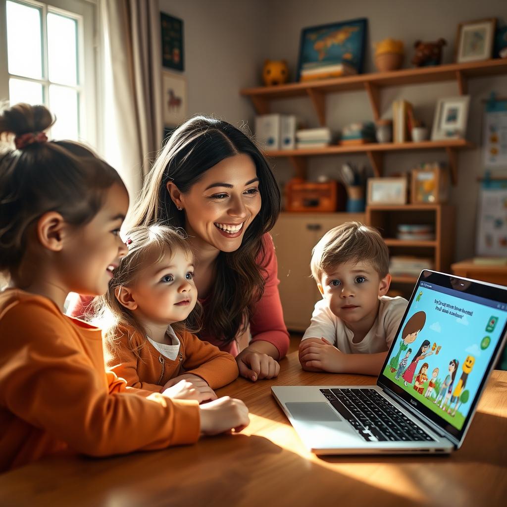 A warm and engaging scene in a cozy home where a dedicated teacher is animatedly narrating a story to her students through a laptop screen