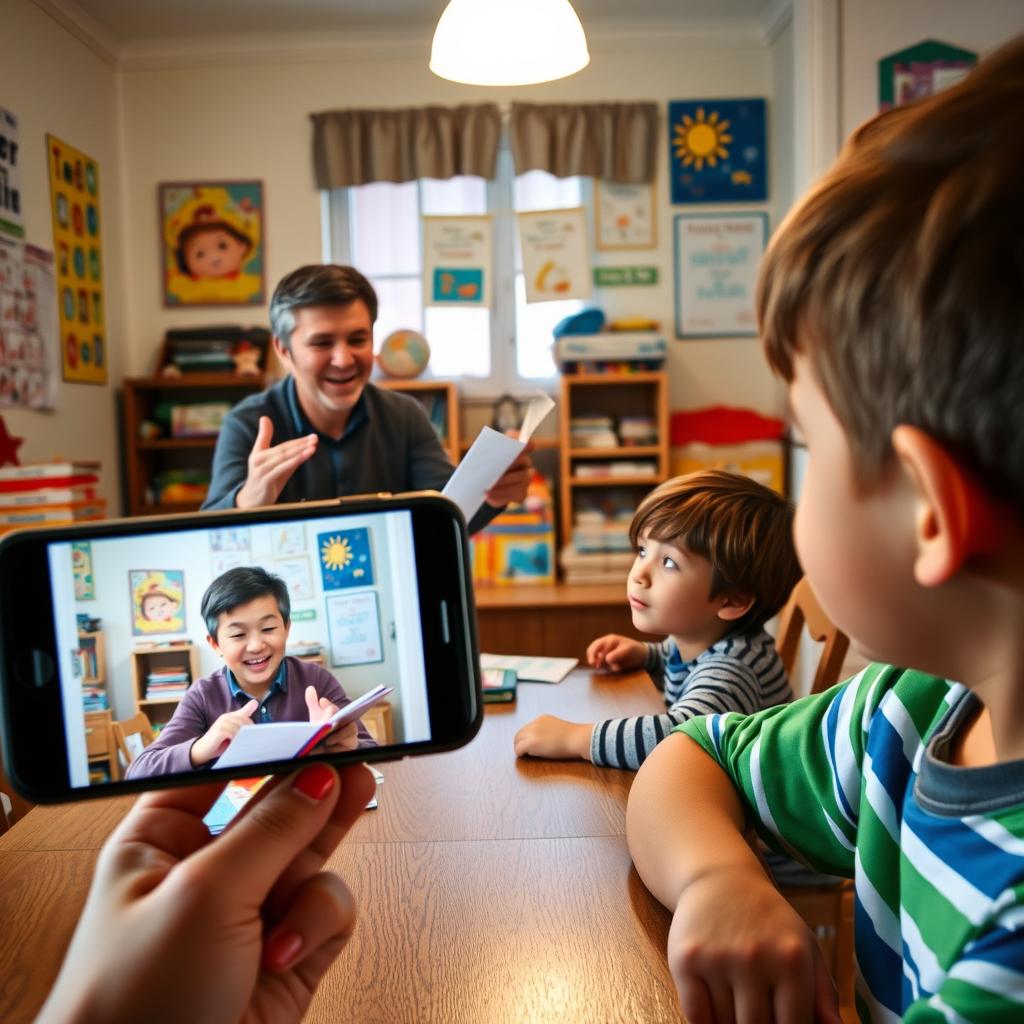 A charming scene inside a cozy home where a male teacher, visible on a smartphone screen, is enthusiastically telling a story