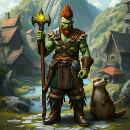 A full-body portrait of a male half-orc druid with striking green skin