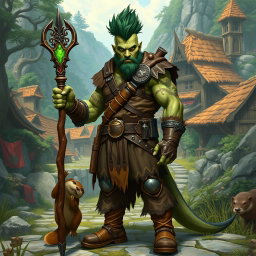 A full-body portrait of a male half-orc druid with striking green skin