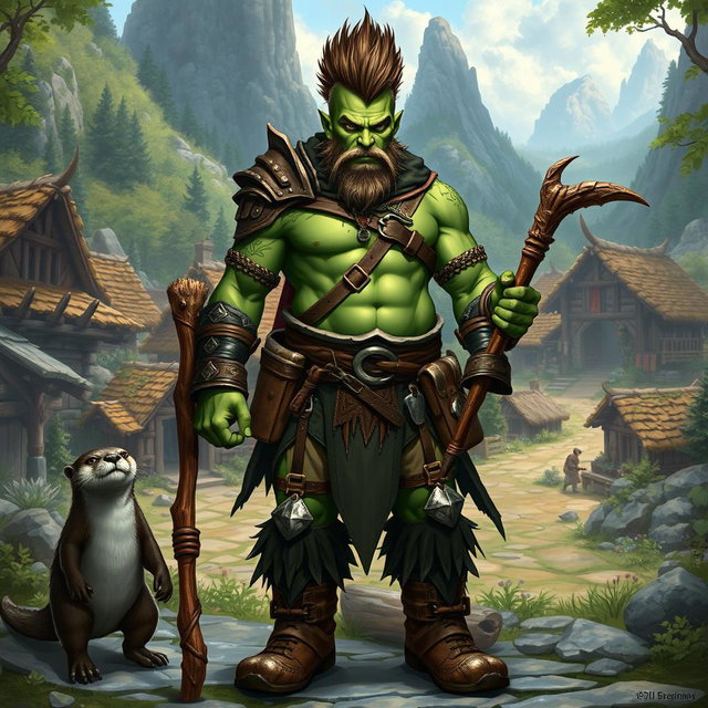 A full-body portrait of a male half-orc druid with striking green skin