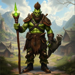 A full-body portrait of a male half-orc druid with striking green skin
