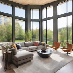 Design a contemporary, spacious living room with large windows allowing for an abundance of natural light. The decor should include a large comfortable sofa, a modern coffee table, and vibrant artwork on the walls.